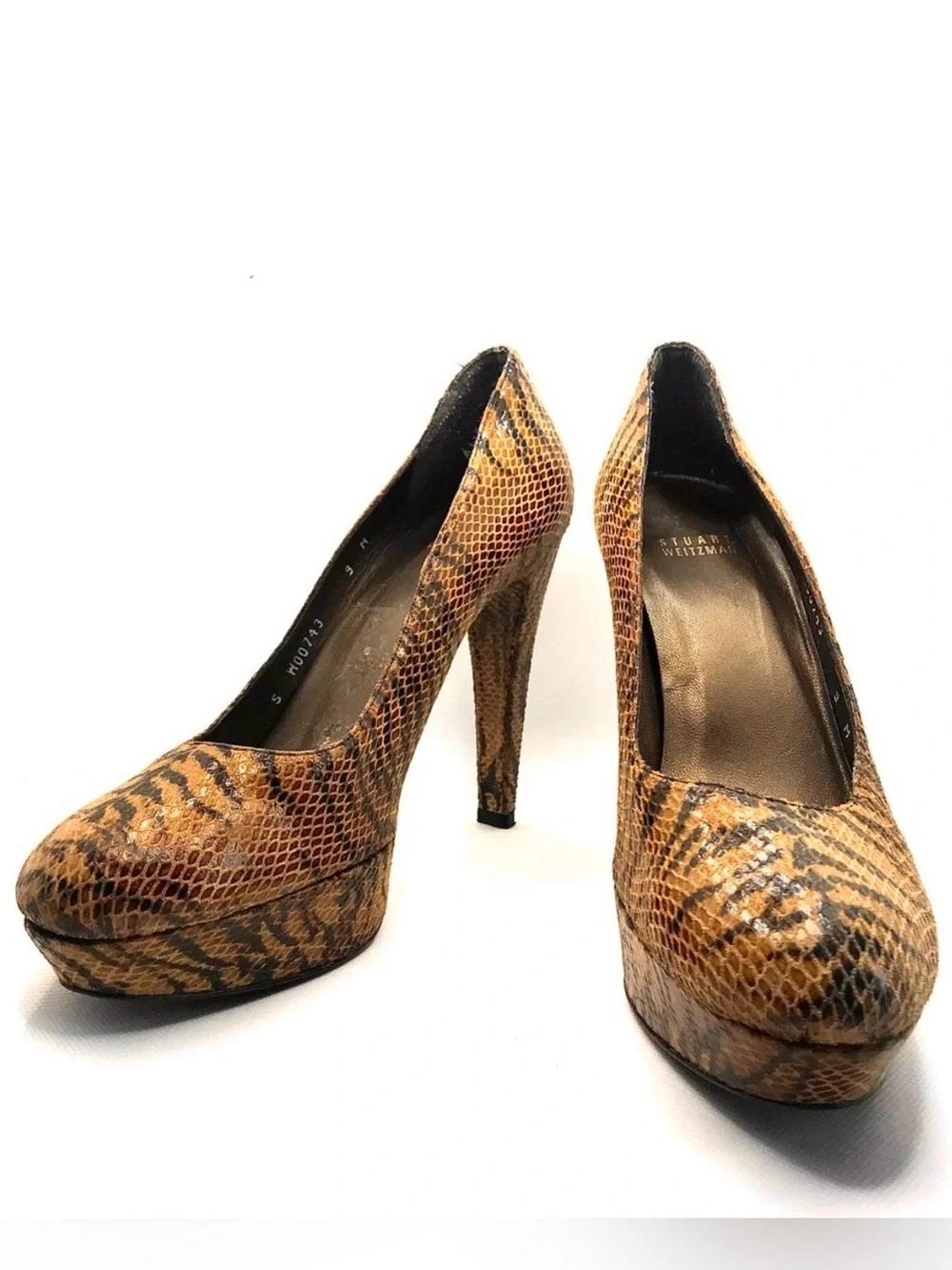 STUART WEITZMAN BROWN & BLACK LEATHER ANIMAL PRINT SNAKESKIN EMBOSSED HEELS (9)